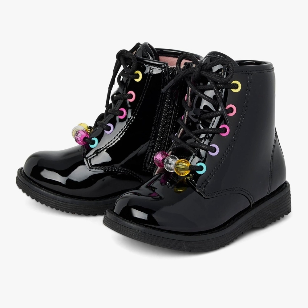 The Children's Place Black and Pink Combat Boots with Glossy Finish - Picture 3 of 11